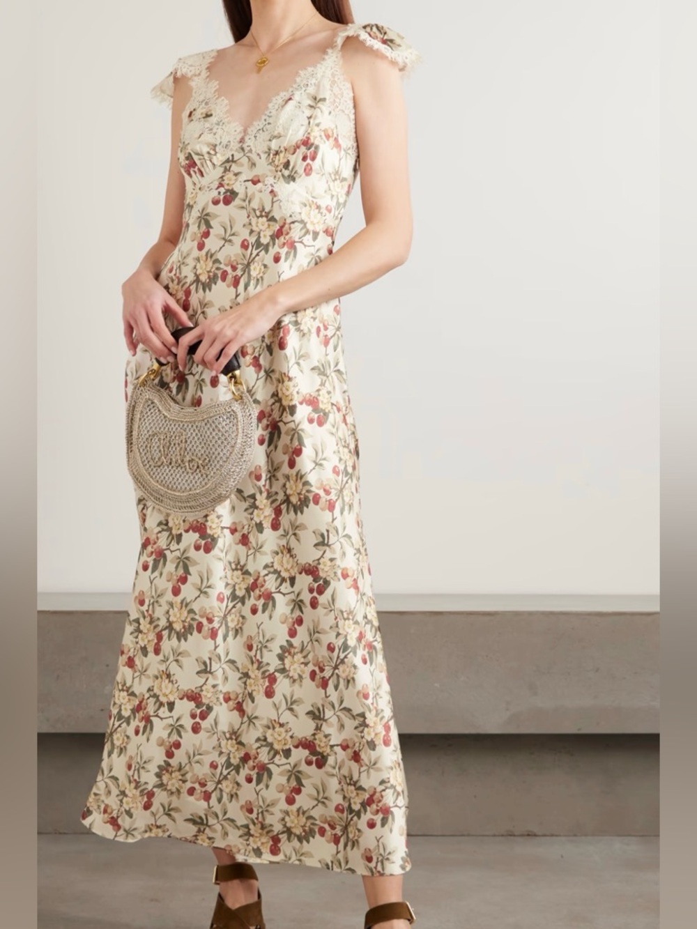 DÔEN Fiona Lace Trim Floral Cherry Print Silk Satin Midi Dress XS